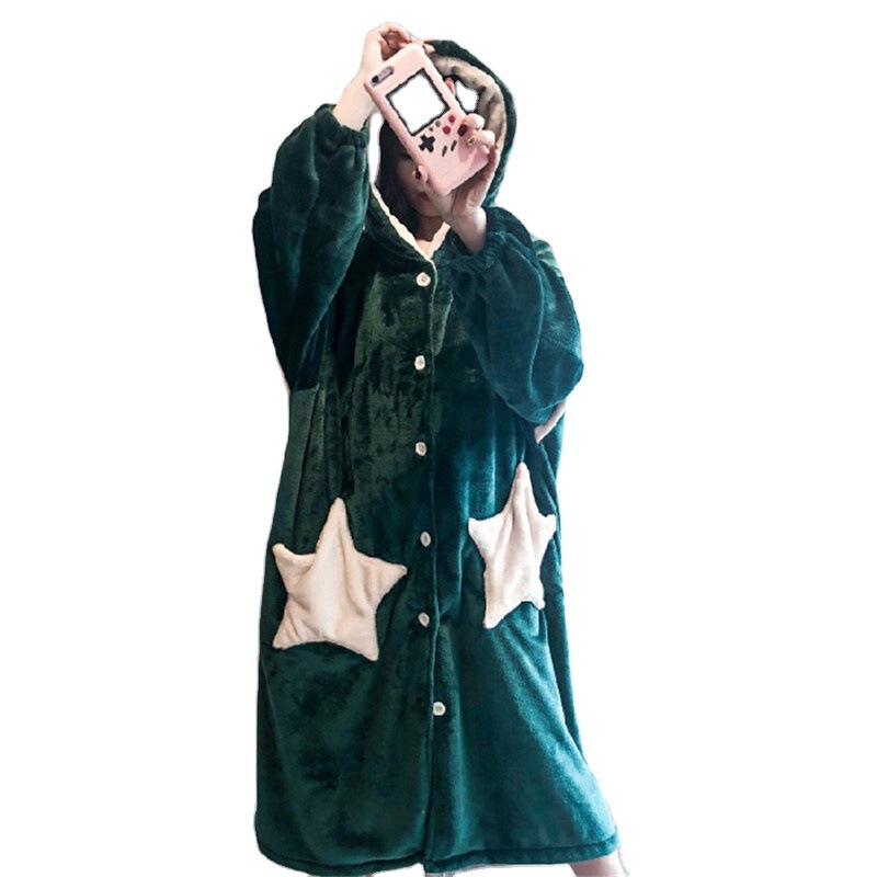 Flannel bathrobe for women in autumn and winter, Korean style, solid color, hooded, thick, warm, long, sweet and loose coral fleece pajamas Item Picture