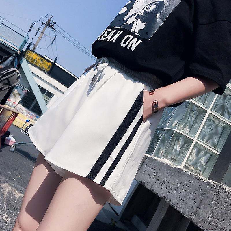 Real photos of loose Korean-style slimming wide-leg sports shorts for women, summer black high-waisted versatile student casual hot pants