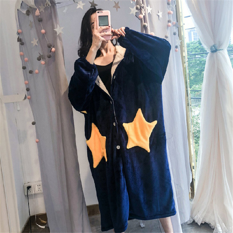 Flannel bathrobe for women in autumn and winter, Korean style, solid color, hooded, thick, warm, long, sweet and loose coral fleece pajamas details Picture
