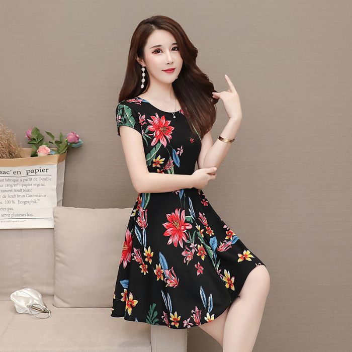2020 Summer new mid-length mom's dress short-sleeved printed dress, round neck slimming floral A-line base dress Specification image