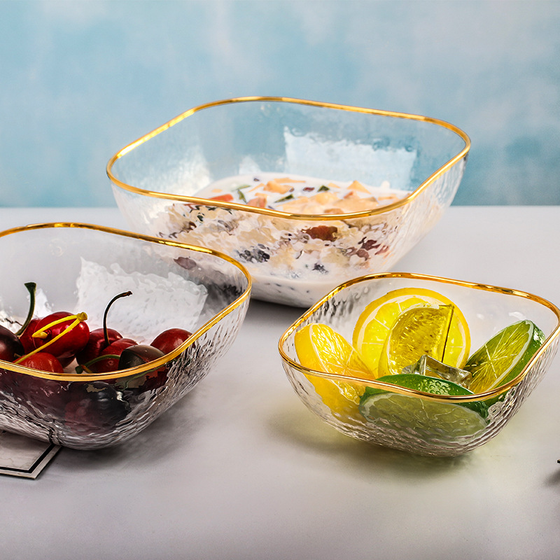 ins北欧网红厨房餐具金边锤纹玻璃碗甜品碗方形水果蔬菜沙拉碗