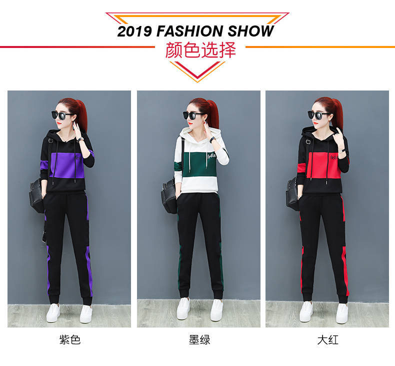 Fleece and thickened new autumn and winter running sportswear set for women, casual loose hooded sweatshirt, large size two-piece set Specification image