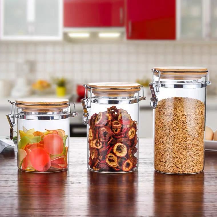 Stainless steel clasp glass storage tank Kitchen food sealing tank grain glass storage tank thumbnail