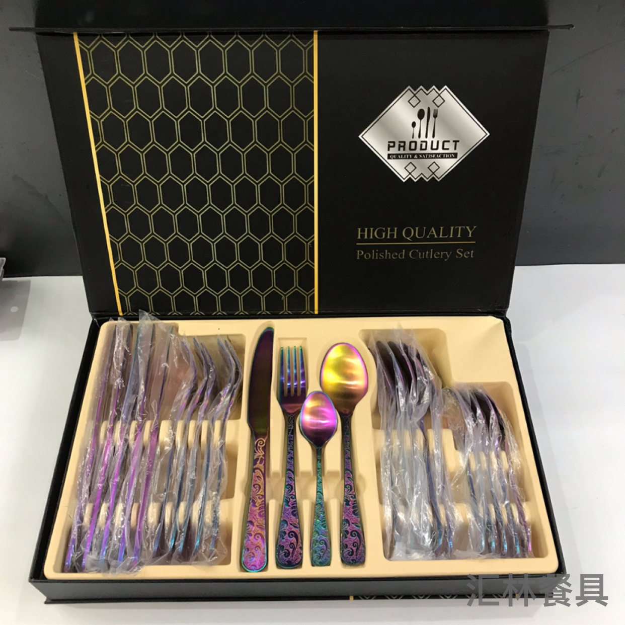 410 stainless steel sanding rainbow color Kunting knife, fork and spoon color box 24-piece set