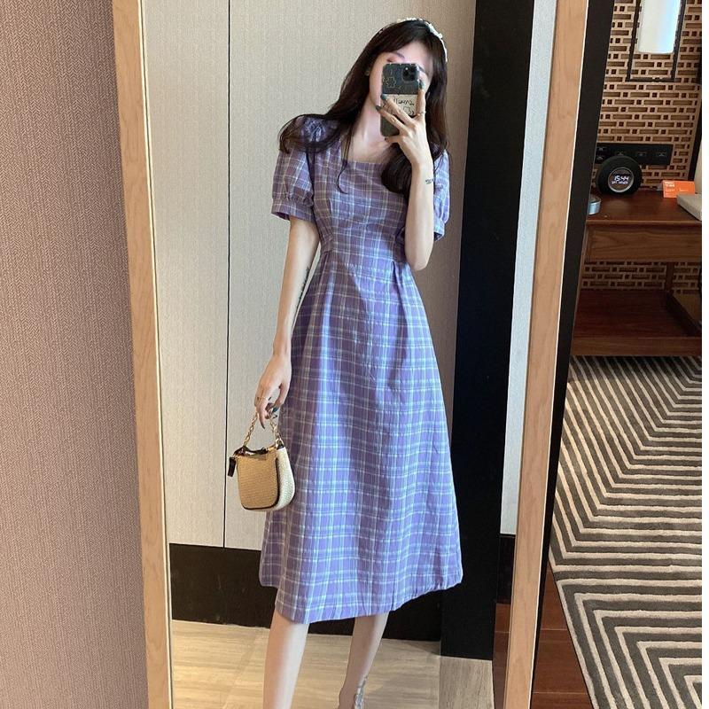 Summer 2021 new French retro dress, elegant square-neck mid-length dress, cinched waist short-sleeved plaid dress for women