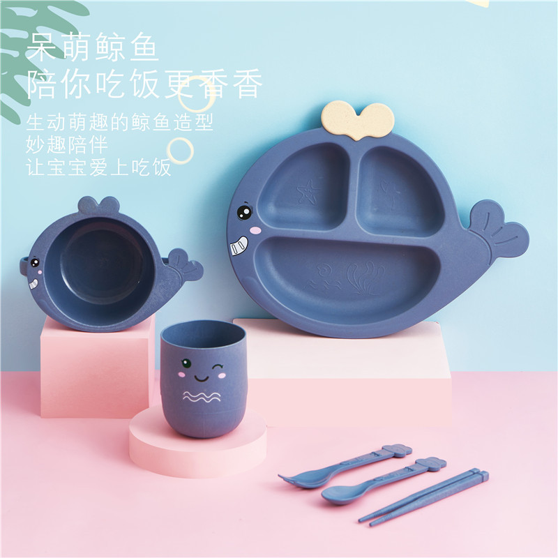 6-piece set of cute whale-shaped tableware, creative compartment-divided plates for boys and girls, eco-friendly wheat straw bowls and cups Specification image