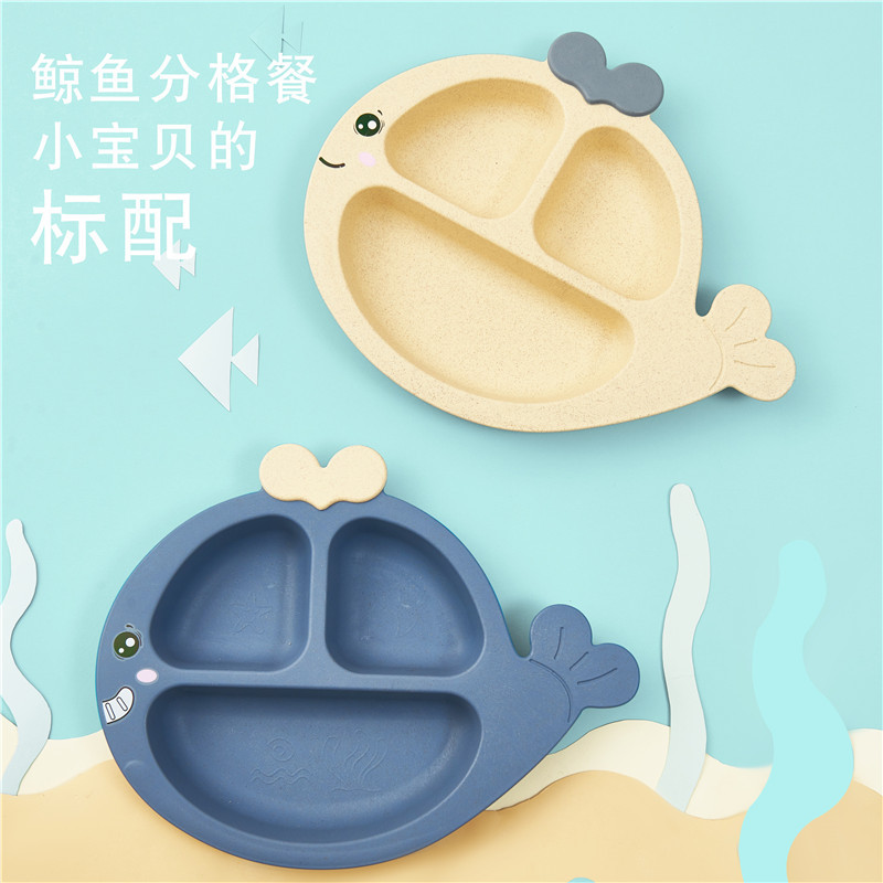 6-piece set of cute whale-shaped tableware, creative compartment-divided plates for boys and girls, eco-friendly wheat straw bowls and cups