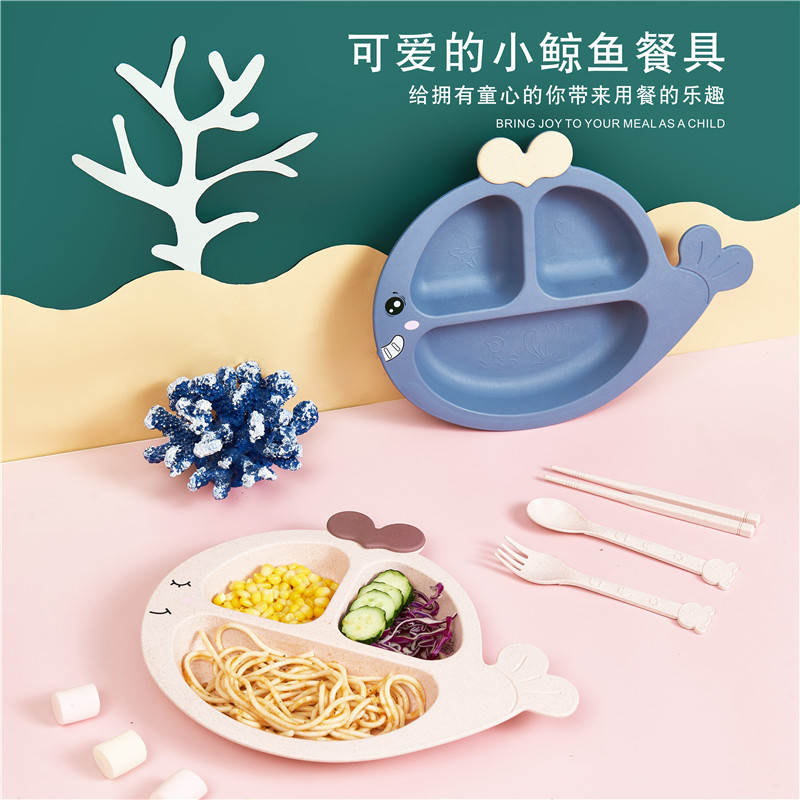 6-piece set of cute whale-shaped tableware, creative compartment-divided plates for boys and girls, eco-friendly wheat straw bowls and cups Application Scenario