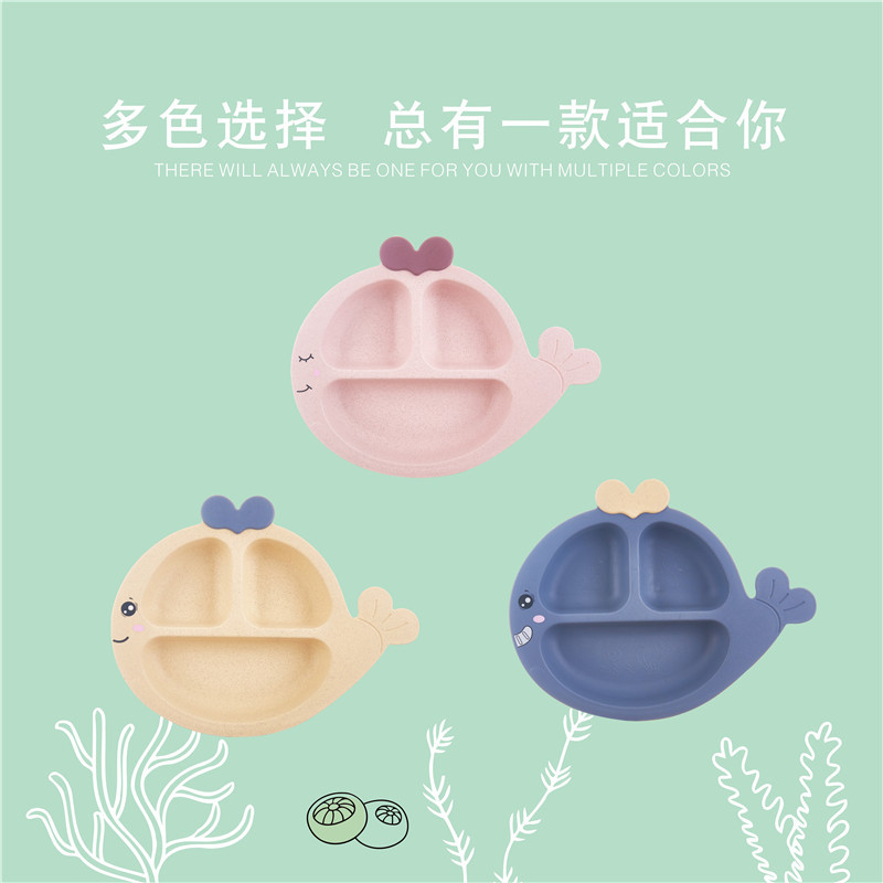 6-piece set of cute whale-shaped tableware, creative compartment-divided plates for boys and girls, eco-friendly wheat straw bowls and cups Item Picture