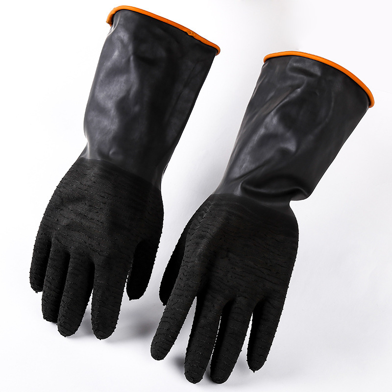 35CM皱纹防滑光里化工手套 外黑里桔耐酸碱工业手套耐脏清洁手套