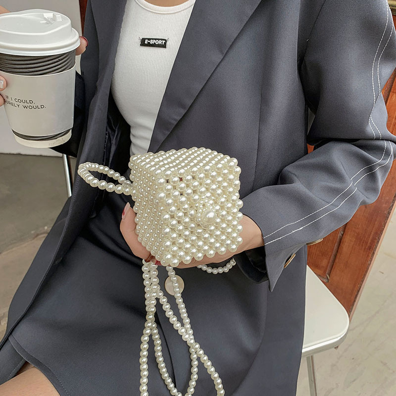 小香风珍珠链条小方包2021夏季小清新少女编织单肩斜挎迷你小包包