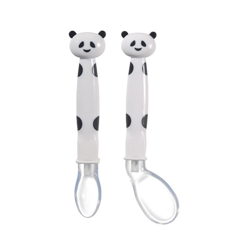 Baby feeding cutlery training spoon infant safety silicone soft spoon cartoon two-color panda bent spoon set Item Picture
