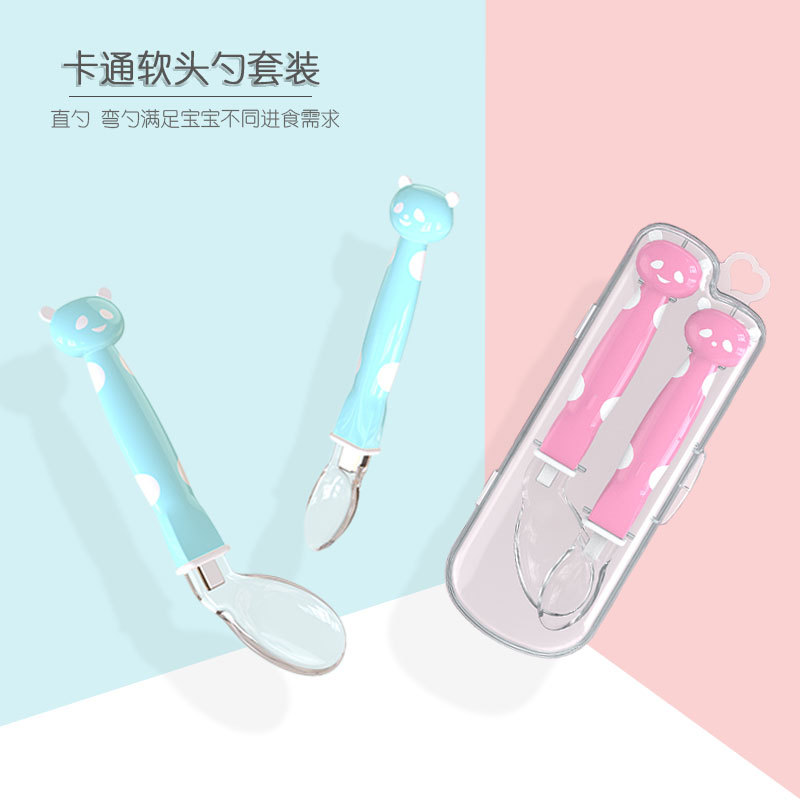 Baby feeding cutlery training spoon infant safety silicone soft spoon cartoon two-color panda bent spoon set full figure