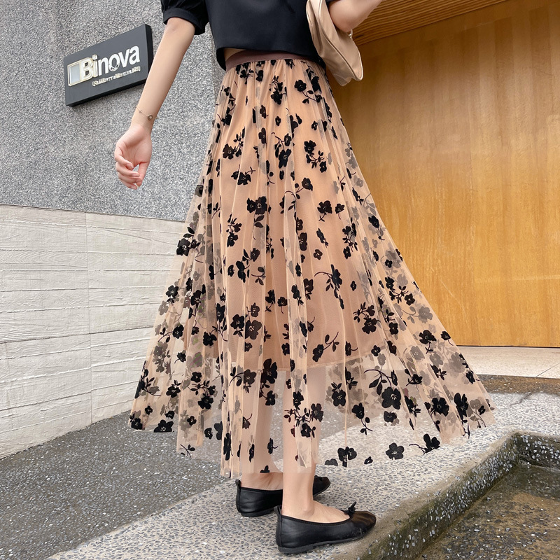 202 New summer gauze skirt women's mid - long high waist-down a-word skirt broken flower temperament fairy skirt