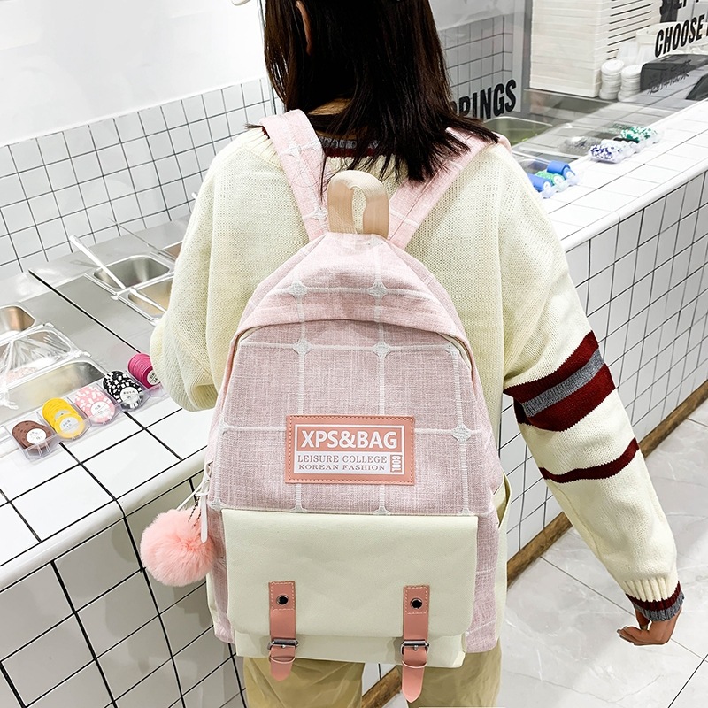 Mochila para las niñas de la versión coreana tartan cuatro piezas mochila para las niñas de la escuela primaria primaria estudiante de secundaria de gran capacidad versión coreana mochila Specification image