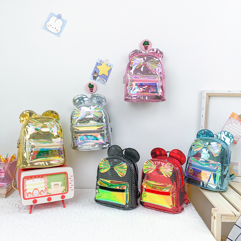 New children's bags: Korean-style grid sequined kindergarten small schoolbag, trendy bow round-ear backpack