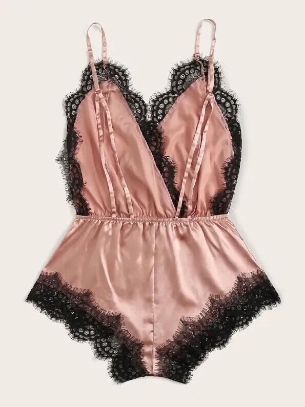 The source factory customizes and produces cross-border European and American export sexy strappy one-piece pajamas and lace romantic underwear details Picture
