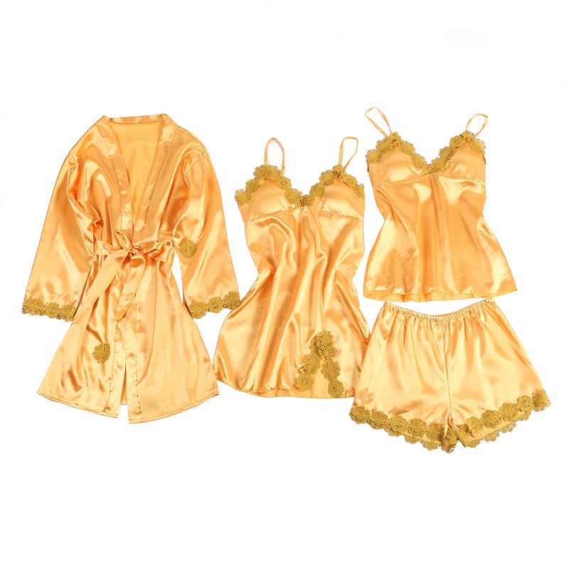 Cross-border foreign trade European and American imitation silk ice silk lace bathrobe, halter, pajama set, one-piece consignment custom home wear Specification image