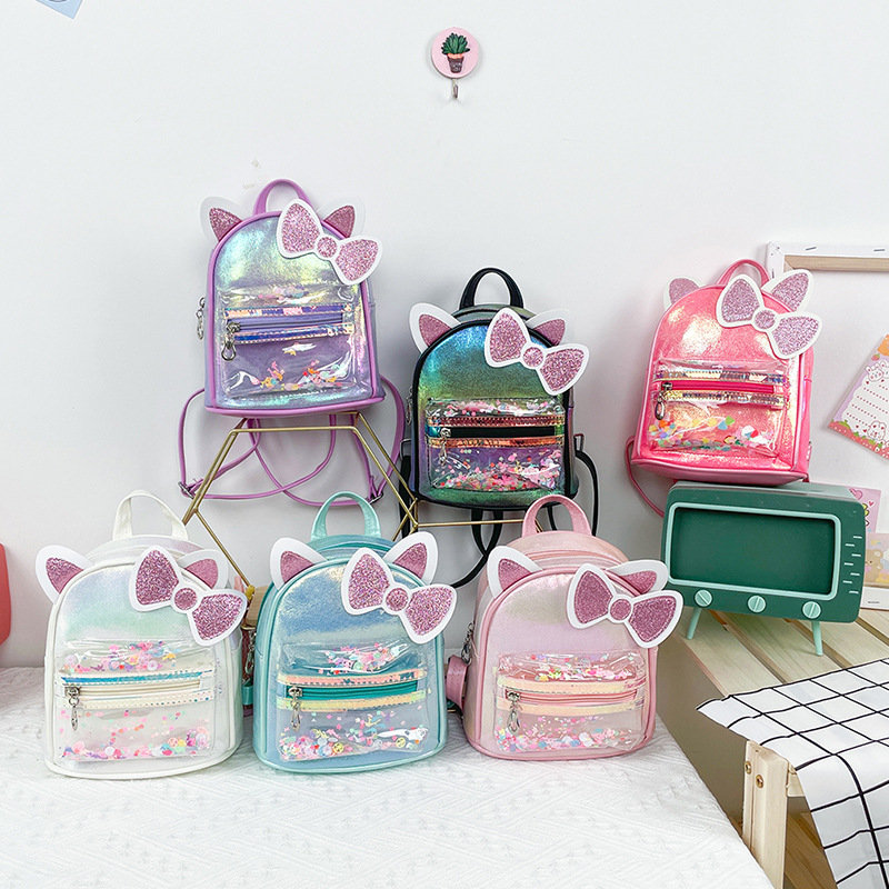 Manufacturers of children's bags Korean version of fashion dazzling glitter transparent burst cracks cute cat ear backpack