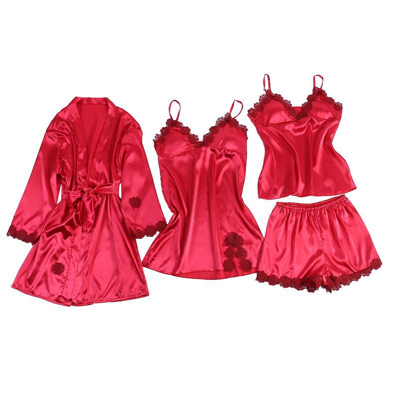 Cross-border foreign trade European and American imitation silk ice silk lace bathrobe, halter, pajama set, one-piece consignment custom home wear