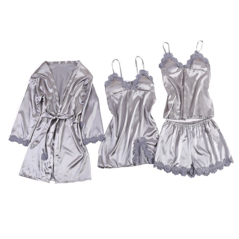 Cross-border foreign trade European and American imitation silk ice silk lace bathrobe, halter, pajama set, one-piece consignment custom home wear details Picture