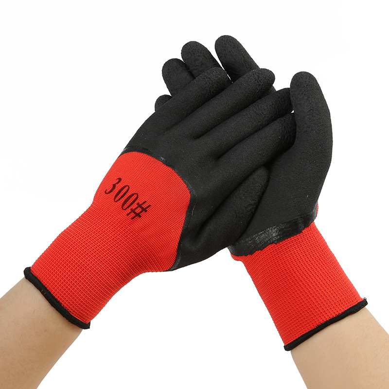 13针红纱黑发泡劳保手套厂家批发施工手套防滑乳胶工人手套