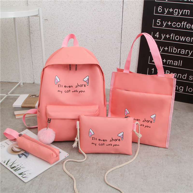 New cartoon cute cat ear schoolbag for girls, a four-piece set of junior high school backpacks, and a Korean-style trendy schoolschool-style backpack for girls