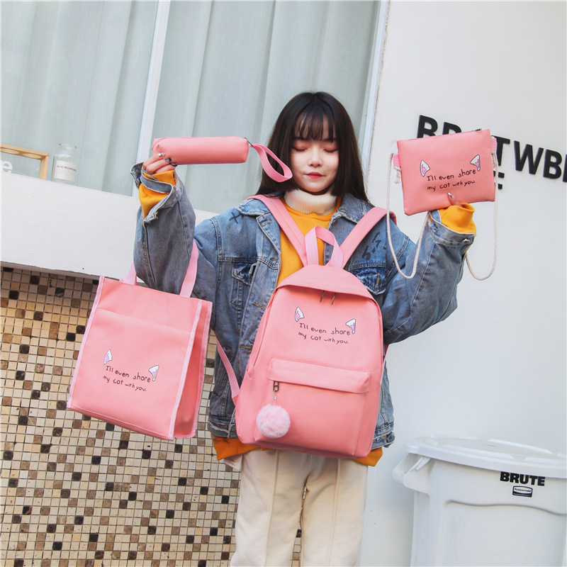 New cartoon cute cat ear schoolbag for girls, a four-piece set of junior high school backpacks, and a Korean-style trendy schoolschool-style backpack for girls details Picture