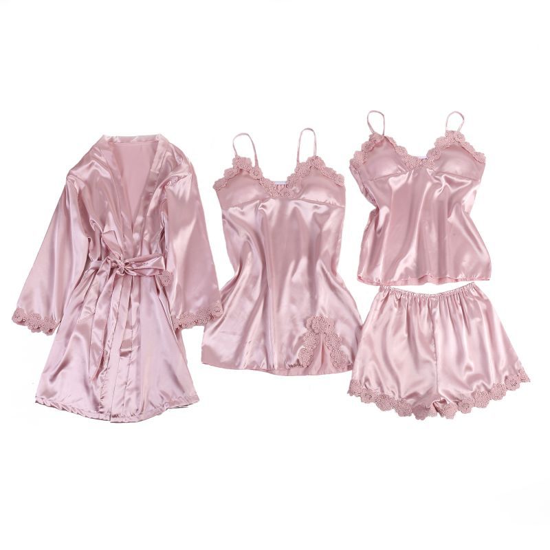 Cross-border foreign trade European and American imitation silk ice silk lace bathrobe, halter, pajama set, one-piece consignment custom home wear Application Scenario