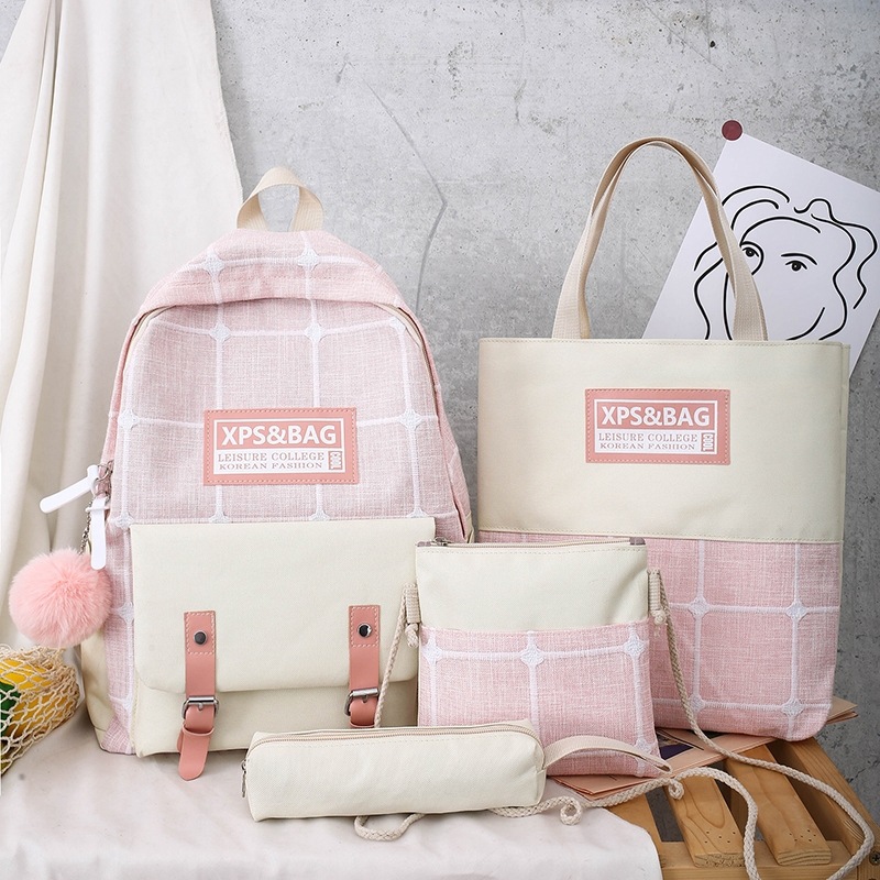 Mochila para las niñas de la versión coreana tartan cuatro piezas mochila para las niñas de la escuela primaria primaria estudiante de secundaria de gran capacidad versión coreana mochila