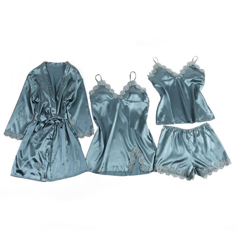 Cross-border foreign trade European and American imitation silk ice silk lace bathrobe, halter, pajama set, one-piece consignment custom home wear Item Picture