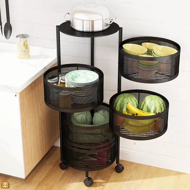 Rotating vegetable rack, kitchen floor-standing multi-layer circular storage rack, movable vegetable basket, cylindrical storage rack details Picture