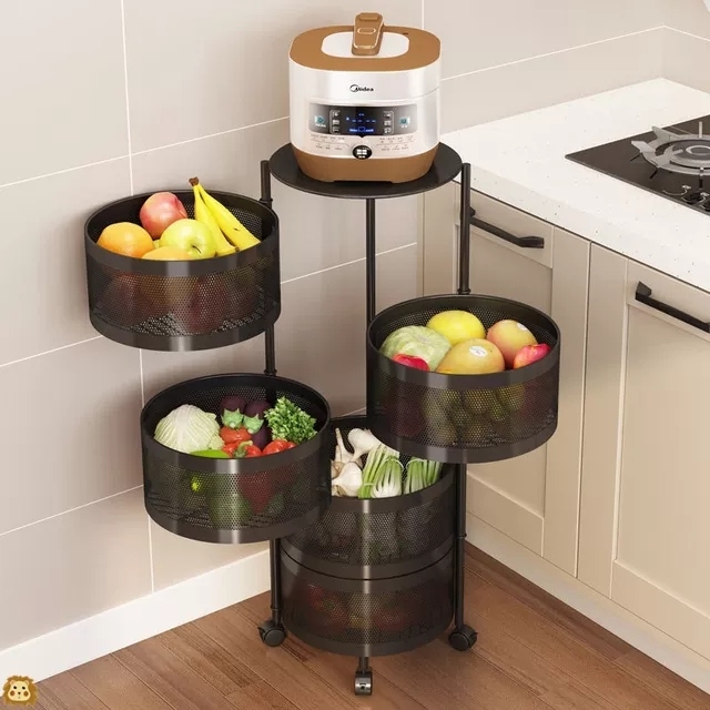 Rotating vegetable rack, kitchen floor-standing multi-layer circular storage rack, movable vegetable basket, cylindrical storage rack
