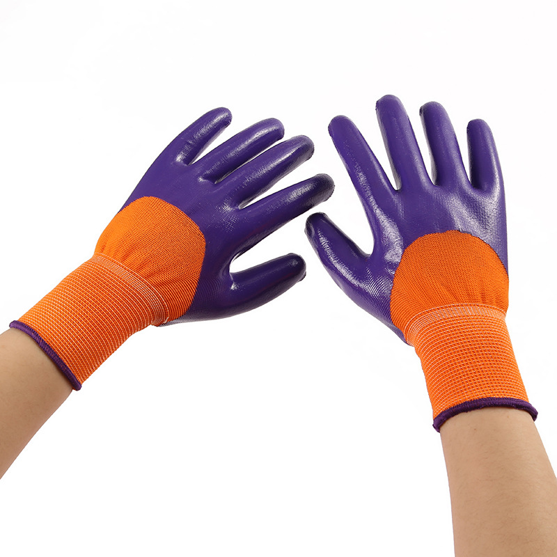 13针桔纱紫丁晴厂家批发工地施工拉绒皱套保暖防滑耐磨工人手套图