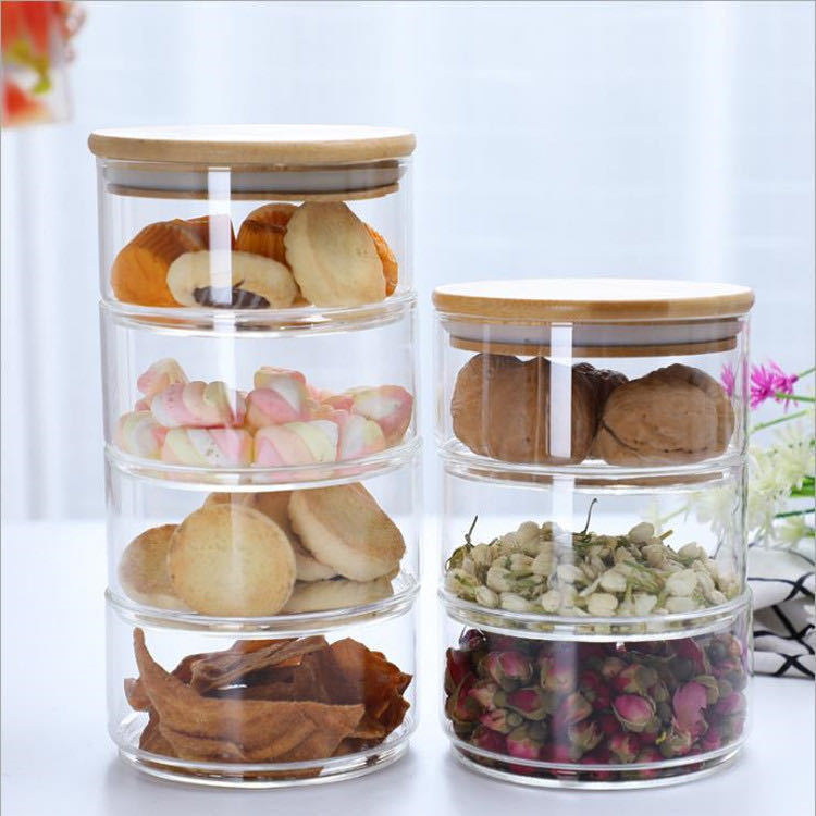 玻璃储物罐组合式竹盖密封罐厨房食品收纳多层储物罐沙拉碗