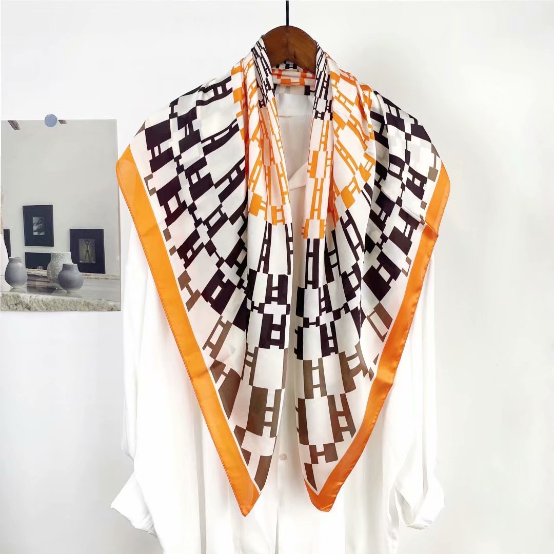 New silk satin 90*90 imitation silk European and American street large square scarf with simple letter stripes is available for export Application Scenario