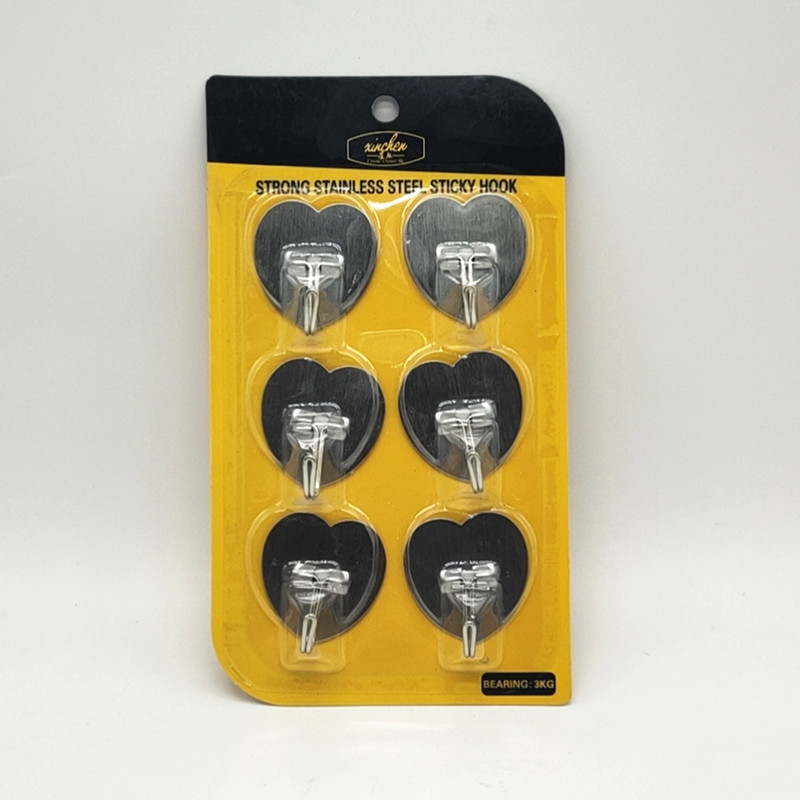 6 heart-shaped iron adhesive hooks, stainless steel hooks, coat hooks, bathroom, kitchen, wall-mounted, kitchen, refrigerator, microwave oven, no need for drilling