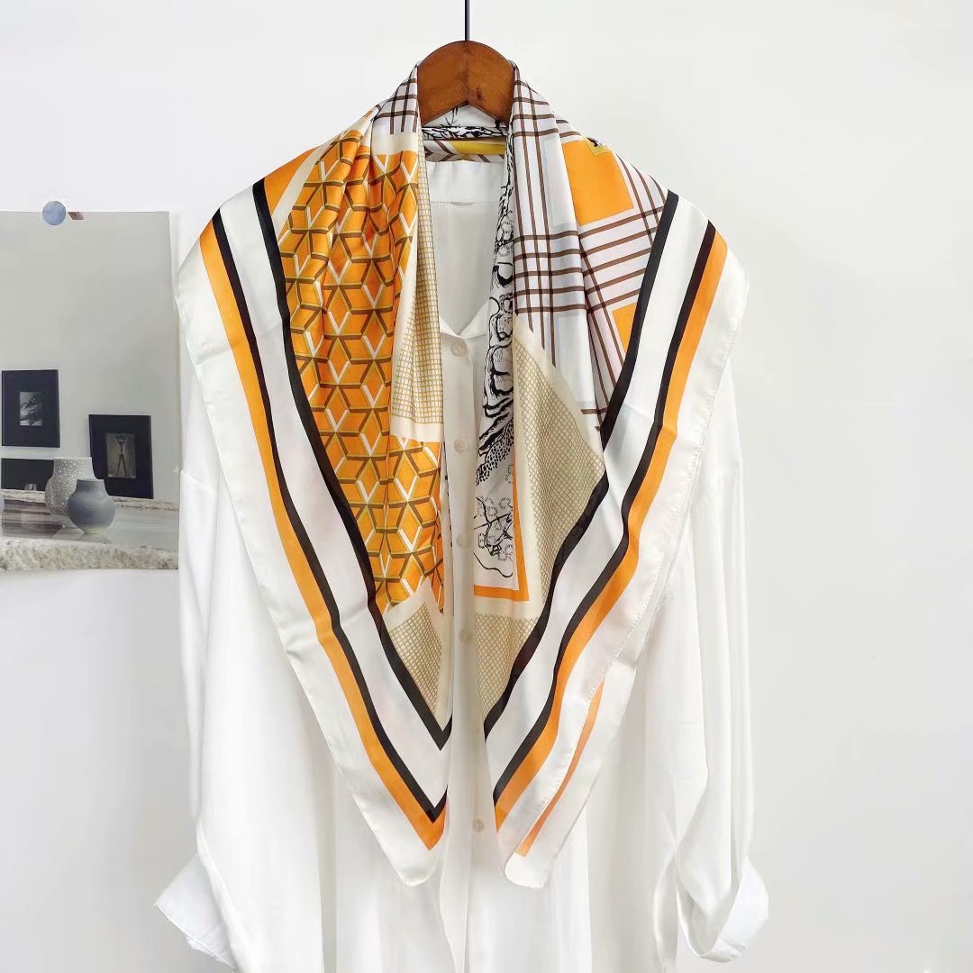 New silk satin 90*90 imitation silk European and American street large square scarf with simple letter stripes is available for export details Picture