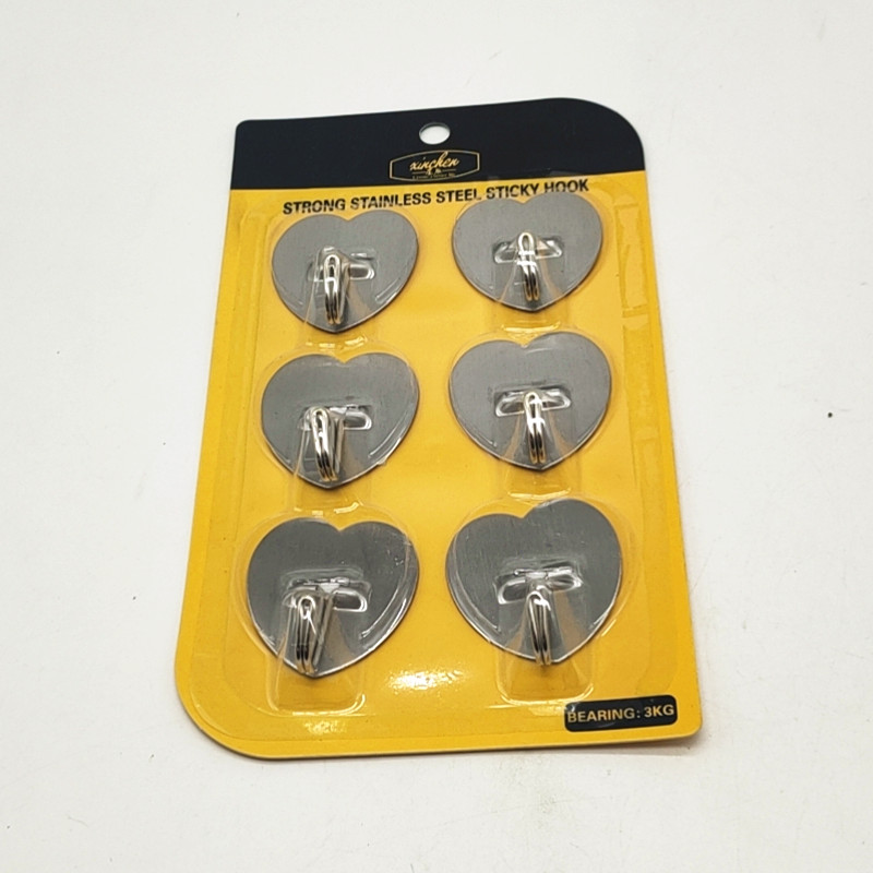 6 heart-shaped iron adhesive hooks, stainless steel hooks, coat hooks, bathroom, kitchen, wall-mounted, kitchen, refrigerator, microwave oven, no need for drilling Item Picture