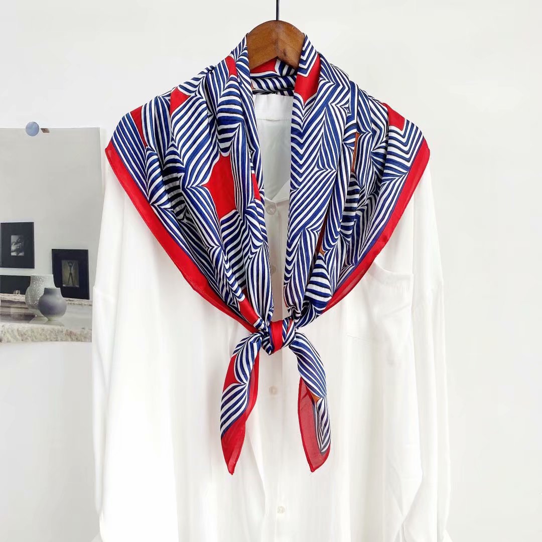 New silk satin 90*90 imitation silk European and American street large square scarf with simple letter stripes is available for export Specification image