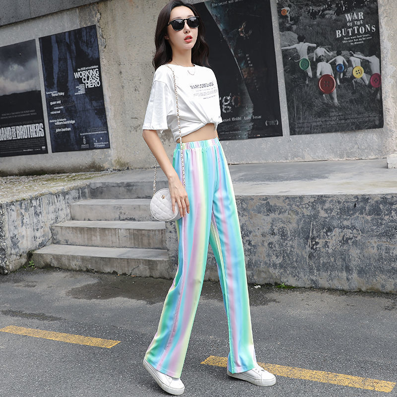 Nine-inch wide-leg women's trousers, high-waisted, drape rainbow-loose summer thin floor-length casual straight-leg summer pants Application Scenario