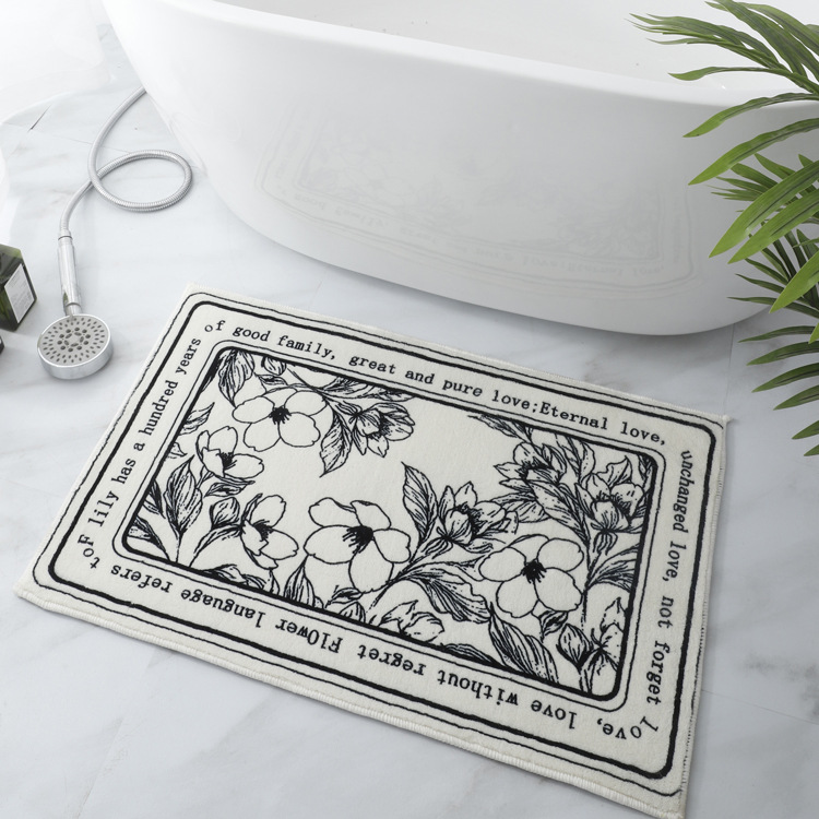 We offer black and white minimalist bathroom entrance MATS, water-absorbing and anti-slip floor MATS for bathroom doors, and bedroom carpets details Picture