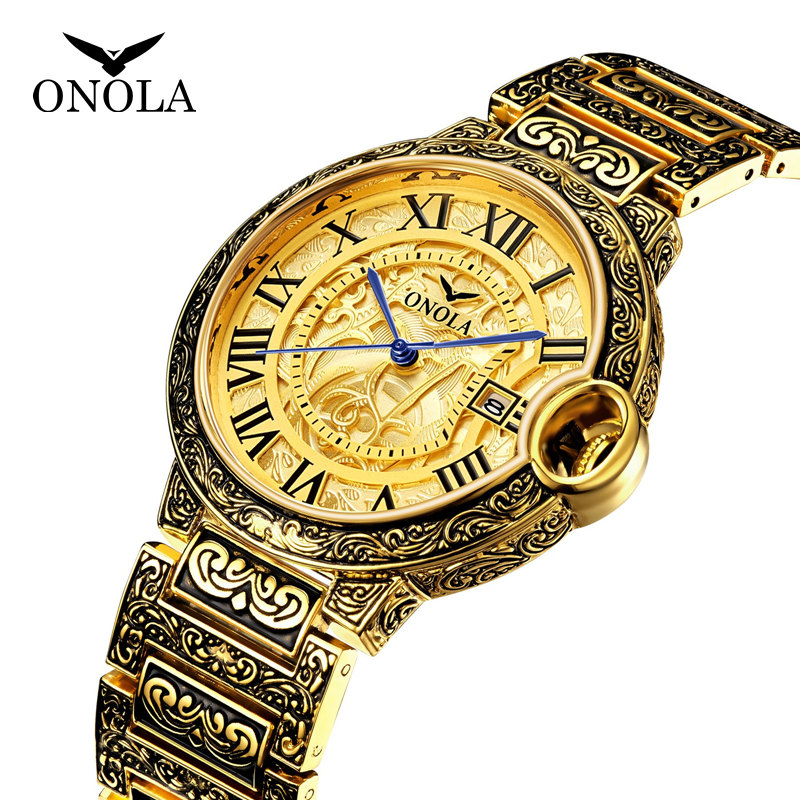 New classic cross-border explosive fashion retro watch calendar men's large gold watch steel band quartz watch men's watch