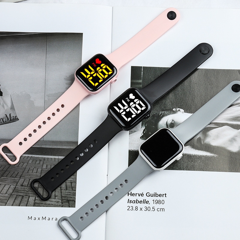 New cross-border small square couple children's watches, male and female student sports waterproof Apple LED electronic watches details Picture