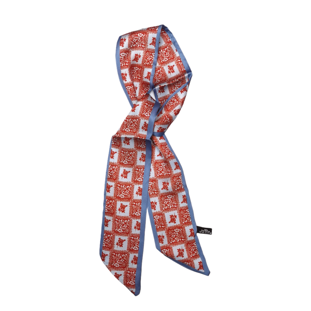 Double-sided 6*95 pointed long silk scarf with small floral patterns, a versatile summer scarf for tying hair and bags Application Scenario