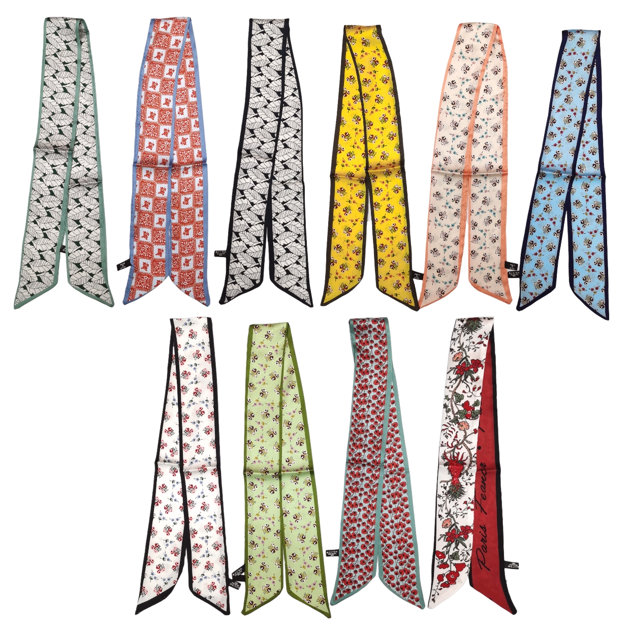 Double-sided 6*95 pointed long silk scarf with small floral patterns, a versatile summer scarf for tying hair and bags