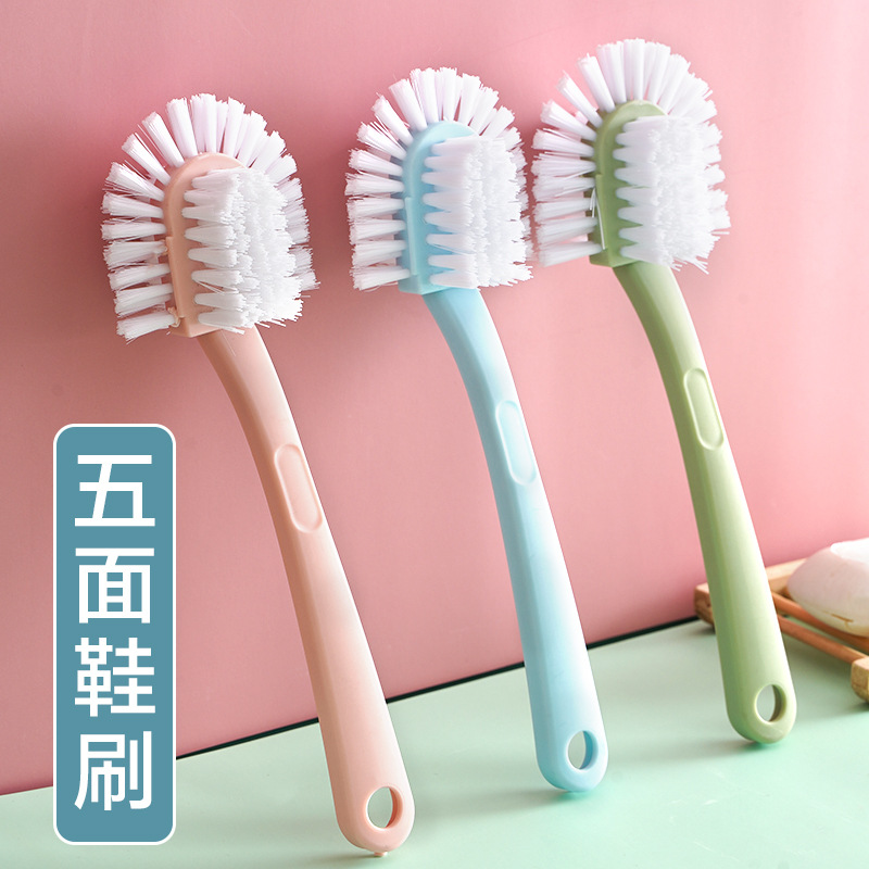 Long-handled soft-bristled shoe brush, a household special non-damaging shoe cleaning tool for children and babies. Five-sided plastic laundry and shoe cleaning brush