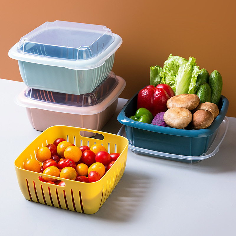 Creative multi-purpose double drain blue ribbon cover kitchen refrigerator crisper plastic fruit storage basket