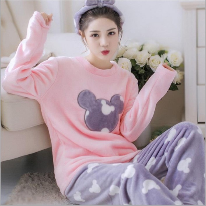 睡衣女冬天加厚珊瑚绒睡衣法兰绒家居服可爱卡通韩版秋季长袖套装