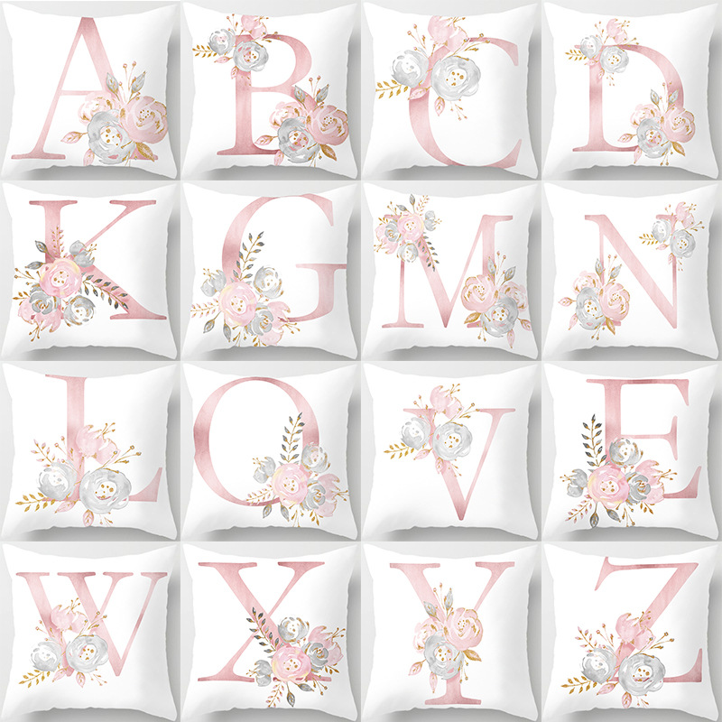 家居26字母抱枕靠垫枕头套玫瑰粉色花朵靠枕印花抱枕套